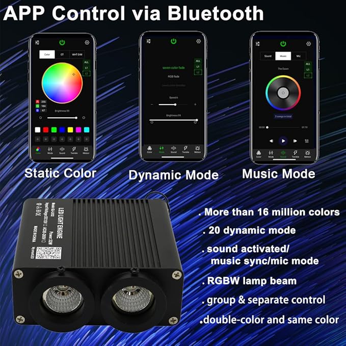 AZIMOM Dual Color 32W 1100pcs Sound-Activated Fiber Optic Starlight Headliner Kits 0.03in 13.1ft Fiber Strands APP/Bluetooth Remote Control Music Sensory Star Ceiling Home Car Roof Decor