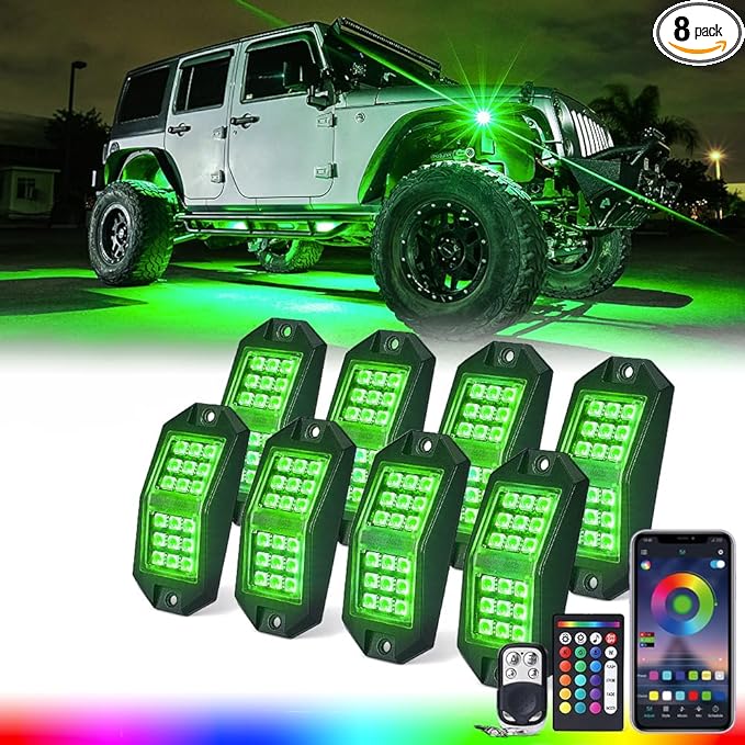 Xprite 8 Pods Rock Lights Wide Angle Bluetooth RGB Rocklights, Multicolor Neon Lighting Footwell Underglow Kits w/Wireless Remote, Compatible Jeep UTV ATV SUV RZR Off-Road Trucks Cars Boats