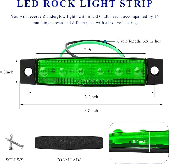 Sun Walker 8 PCS LED Rock Strip Lights, 3.77 Inch Waterproof 6 LED Car Side Marker Clearance Lamps, Wheel Fender Well Lighting Kits Exterior Underglows for Car Truck Trailer (Green)