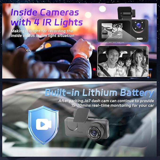 3 Channel Dash Cam Front and Rear, 1080P Dual Dashcam with 4 IR LEDs - 2 inch IPS Screen Front and Inside Dash Cam with G-Sensor, Wide Angle, Night Vision with 64GB Card Included