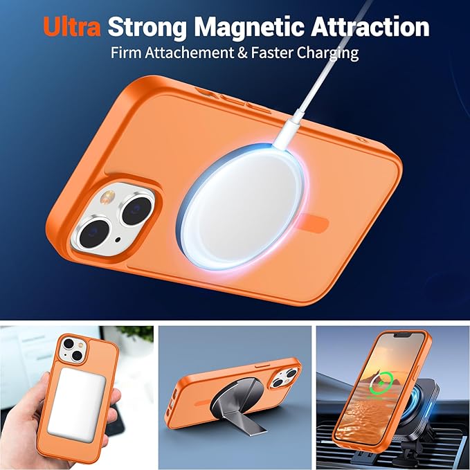 SUPFINE Magnetic for iPhone 15 Plus Case & iPhone 14 Plus Case with Screen Protector (Compatible with MagSafe)(Military Grade Drop Protection) Translucent Shockproof Phone Cover,Starry Orange