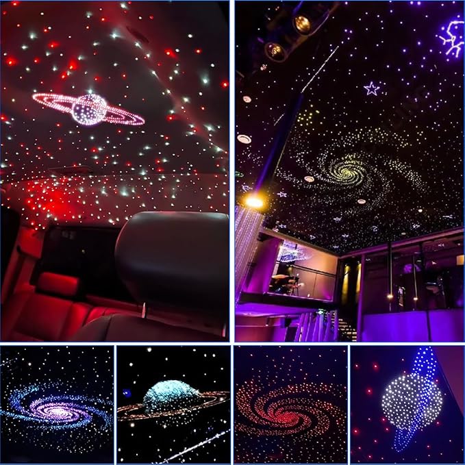 AKEPO MIni Size 6-Hole 3.2W RGB Multiple Color Chasing Fiber Optic Light Kit, 13.1ft 720pcs*0.75mm/0.03in Optical Fiber APP Control Mixed Color Timer Function Car Home Use Starlight Headliner Light