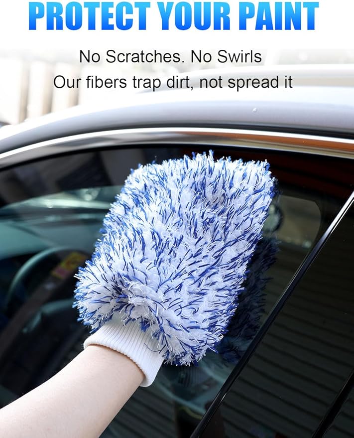 2Pack Premium Microfiber Car Wash Mitt, 10 x 8 Inches, Car Sponge Wrapped in Soft, Machine Washable (Blue & Orange)