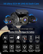 360° View 5 Channel Dash Cam Front and Rear with AI Driver Monitor System DMS, 4K Dash Camera for Cars, Built-in GPS WiFi Night Vision, Dashcam Free 128G Card, 24/7 Parking Monitor Mode, V8 Ultra-5CH