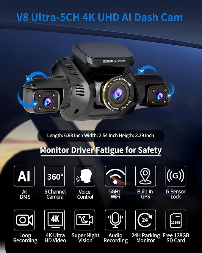 360° View 5 Channel Dash Cam Front and Rear with AI Driver Monitor System DMS, 4K Dash Camera for Cars, Built-in GPS WiFi Night Vision, Dashcam Free 128G Card, 24/7 Parking Monitor Mode, V8 Ultra-5CH