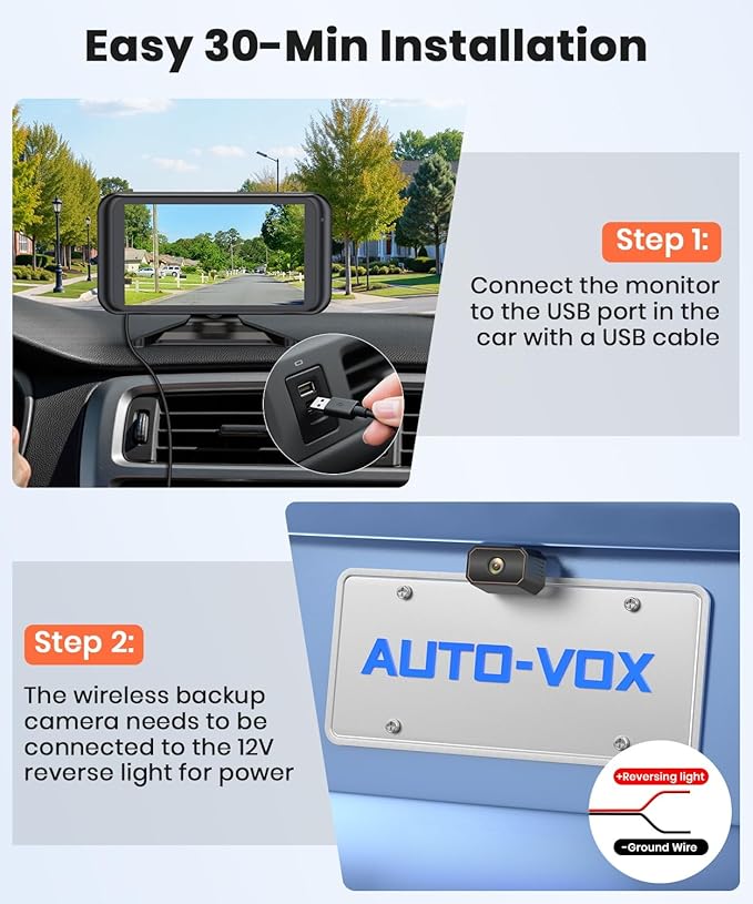 AUTO-VOX W5 Wireless Backup Camera: 4.5" 1080P Dual-Channel Monitor, Easy Installation, Stable Wireless Signal, IP69K Waterproof Color Night Vision Back Up Camera for Truck, Car, SUV, Van and Trailer