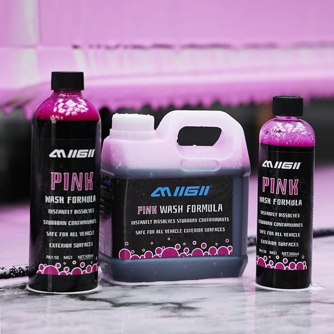 MIIGII Pre-Wash Solution Car Wash Soap - Pink Foam Car Shampoo - Powerful Formula Penetrates and Breaks Down Tree Sap, Bird Droppings & Tough Stains - Works on RVs, Trucks, Cars & More - 300ml (10oz)