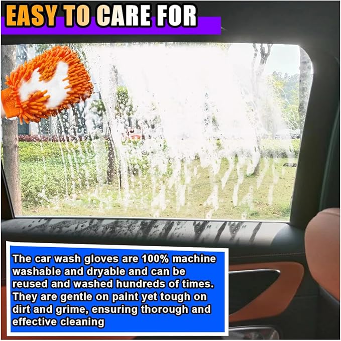 JOYCOURT 2PCS Microfiber Soft Chenille Car Wash Mitts, Scratch and Lint Free Car Dusting Glove, Double Sided Wash Mitt, Ultra Absorbent for Car Washing, Home Cleaning Mitt (Orange&Pink)