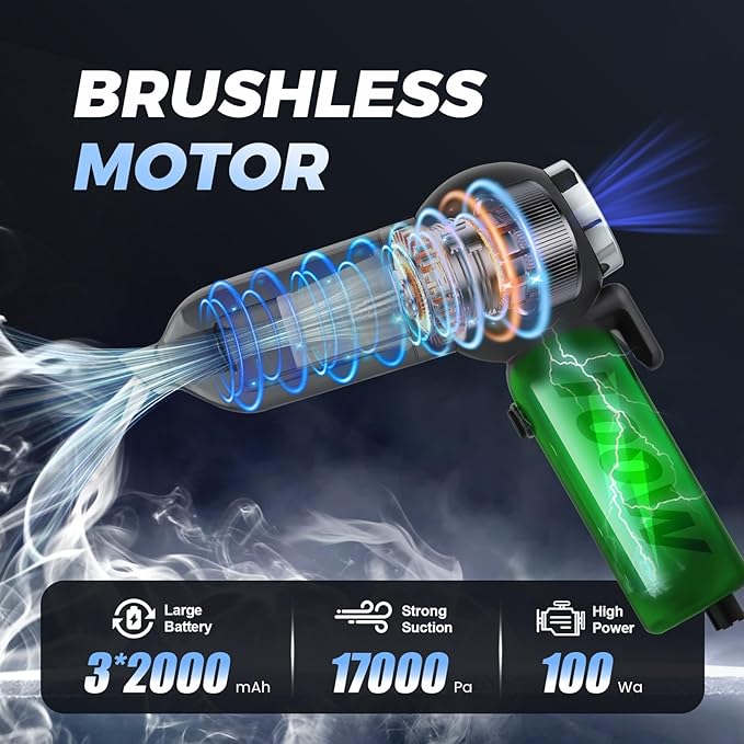 Handheld Car Vacuum Cleaner, 6 in 1 Multi-function Cordless Small Vacuum, 17000PA Adjustable Portable with Brushless Motor for Inflation, Dust Blowing, Suction for Car, Home, Office– All in One