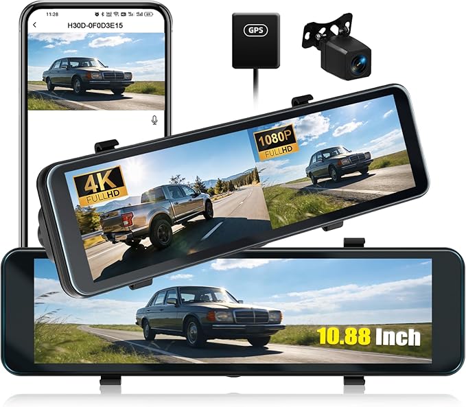 4K Mirror Dash Cam 10.88 Inch Rear View Mirror Front and Rear View Dual Cameras,GPS Tracking,Loop Recording,G-Sensor,Parking Assistance,APP Control,Parking Monitor,Waterproof Backup Camera