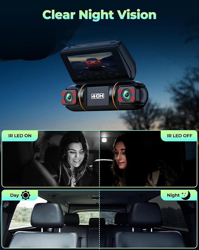 LAMTTO 4 Channel Dash Cam 360 View, 1080P Front and Rear Inside Left Right, Dash Camera for Cars with Hardwire Kit for 24h Security Parking Monitor, IR Night Vision Dashcam,128GB Card Included
