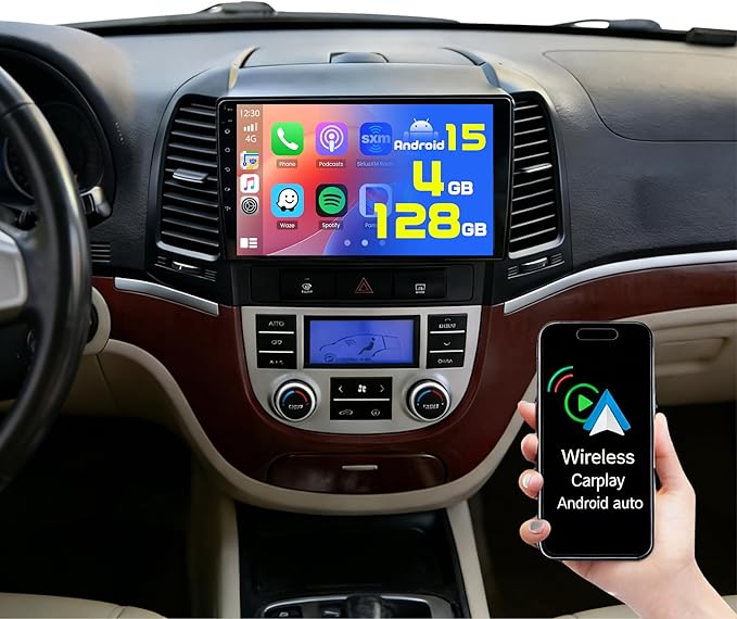 [4+128G] Android 15 Car Stereo for Hyundai Santafe 2006-2012, Hikity 9'' in-Cell Touchscreen Santafe Radio Wireless Carplay Android Auto 5G WiFi Bluetooth 5.0 Mirror Link GPS SWC FM/RDS/EQ Backup Cam