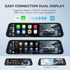 4K Mirror Dash Cam with Carplay&Android Auto,10" Rear View Mirror Camera for Cars/Trucks with Voice Control/Real 64GB Card/Touch Screen/Parking Monitor/Reverse Assist/Dual Loop Record/WDR Tech