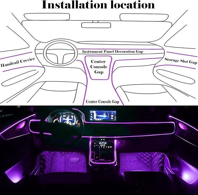 DEHERANE Interior Car LED Strip Lights, RGB 6 in 1 Ambient Lighting Kit with 315 inches Integrated Fiber Optic, 16 Million Colors Car Interior Lights with Wireless APP& Remote Control, Sync to Music