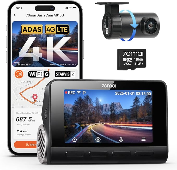 70mai 4K Dash Cam Front and Rear, 4K+1080P Dual STARVIS 2 Car Dash Camera for Cars, 4G LTE Remote Access, AI Motion Detection, WiFi 6, 5 GPS, 24H Parking Mode, HDR Night Vision, Voice Control, ADAS
