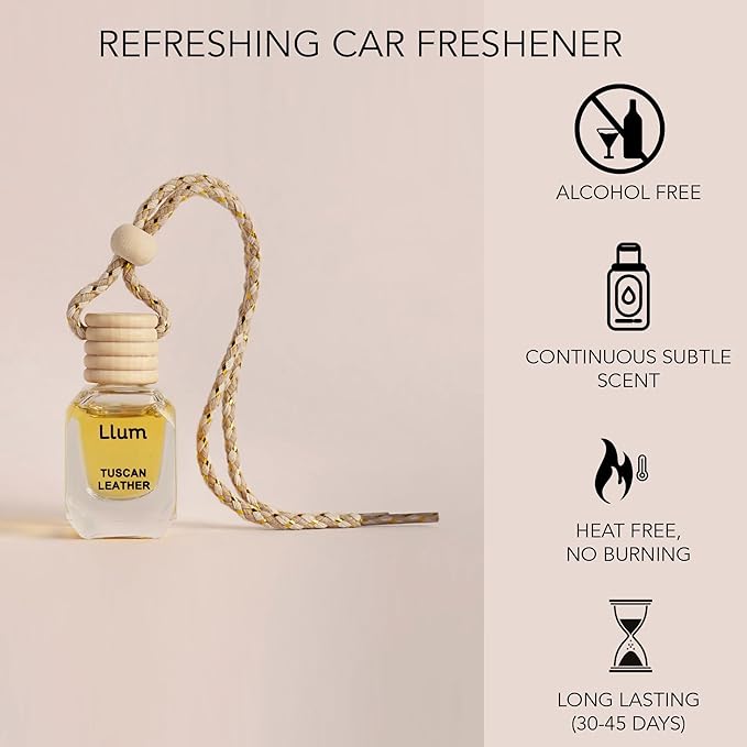 Llum Tuscan Leather Hanging Car Air Freshener – Luxury Automotive Perfume Diffuser 10ml (0.34 fl oz), Long-Lasting Fragrance, Alcohol-Free Non-Toxic Scent, Glass Bottle With Wood Cap & AC Vent Clip