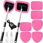 Qydipclin 11pcs Windshield Cleaner Tool, Car Window Cleaning Wash Kit with 6 Reusable Microfiber Pads 2 Spray Bottles and Extendable Handles Auto Glass Wiper Kit, Pink