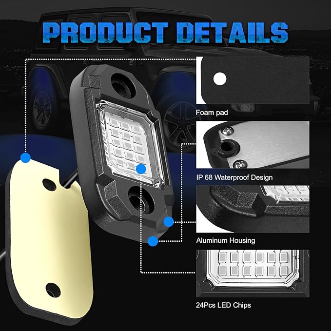 4 Pods Blue Rock Light LED Waterproof Neon Trail Rig Lamp Underglow Lights for Car Truck Motorcycle SUV ATV UTV (Blue)