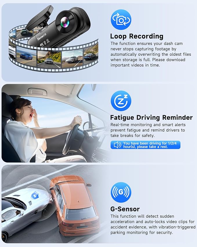SARMERT 4K 3 Channel Dash Cam, Dash Cam Front and Rear C3, Free 64GB Card, 4K+1080P+1080P Dashcam, G-Sensor, WDR, APP, 5G WiFi, Night Vision, 24H Parking Monitor