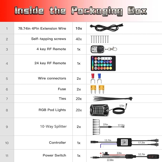 20 Pods RGB LED Rock Lights for Trucks Offroad Pickup Trailer Sedan SUV Cars, Waterproof Multicolor Neon Underglow Kit with Bluetooth APP/RF Remote, Vehicle Accent Underbody Light Underneath 12V