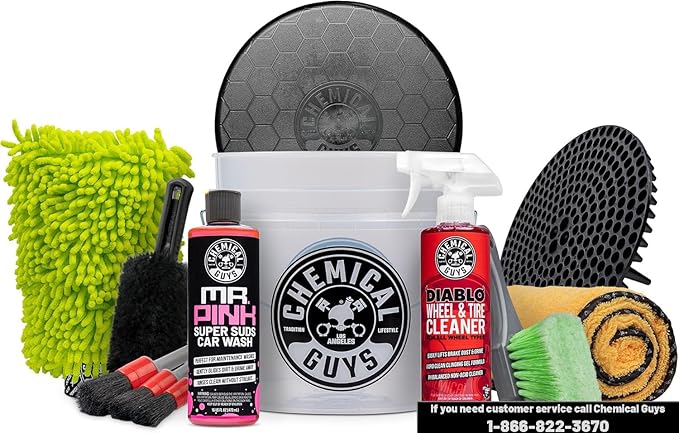 Chemical Guys Car Washing Kit - Mr. Pink Car Wash Soap, Diablo Wheel Cleaner, Wash Bucket with Dirt Trap and Lid, Wash Mitt, Detailing Brushes, Microfiber Towel, 12-Piece