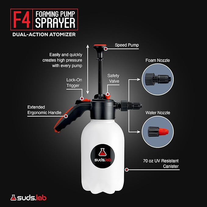 Suds Lab F4 Foaming Pump Sprayer with 70 oz UV Resistant Canister & Ergonomic Handle – Handheld Dual-Action Atomizer Car Foam Sprayer for Detailing, Garden & Home Use