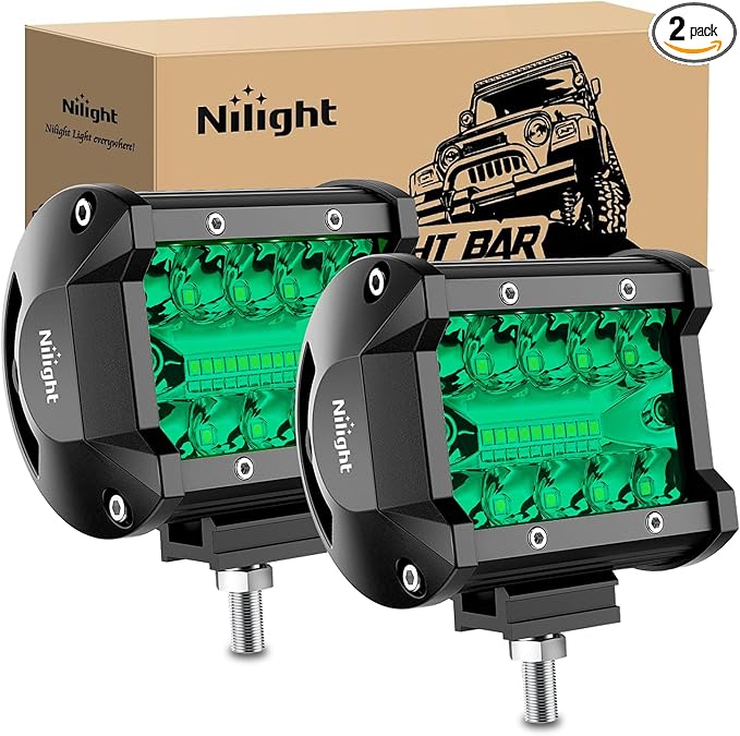 Nilight 4 Inch LED Light Pods Green Triple Row 2PCS 60W Flood Spot Combo Off Road Driving Fog Fishing Hunting Emergency Safety Signal Deck Trailer Lighting for UTV Pick-up Van Boat Tractor