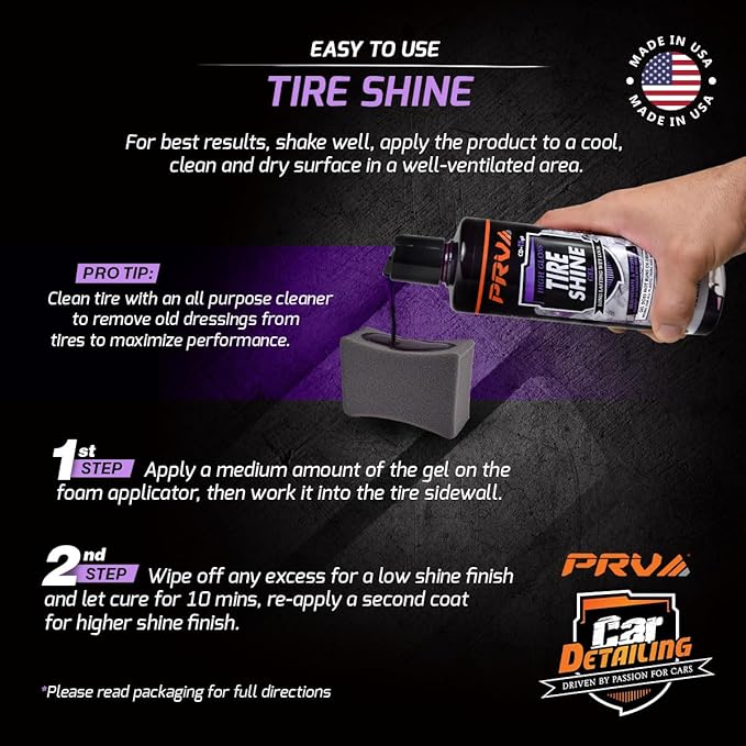 PRV AUDIO Wet Look Gel Tire Shine Dressing | High Gloss Tire, Trim, Plastic & Rubber – Restores Deep Black Shine and Protection | No Sling & Dries Quickly 16 fl oz Kit with Applicator - Grape Scent