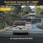 Fitcamx Front 2160P+Rear 1080P Dash Cam Adapts for Toyota Sienna 2014 2015 2016 (12 Pin) HD2-6275, OEM Style, Built-in WiFi & APP, Dual HD Video, Loop Recording, G-Sensor, Easy to Use, 128GB Card