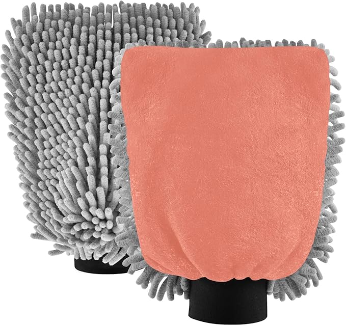 Qilmy Red-Orange Color Microfiber Chenille Car Wash Sponge Scratch Free Car Wash Mitt Absorbent Mitt Sponge for Trucks SUVs Car Washing Home Cleaning, Large