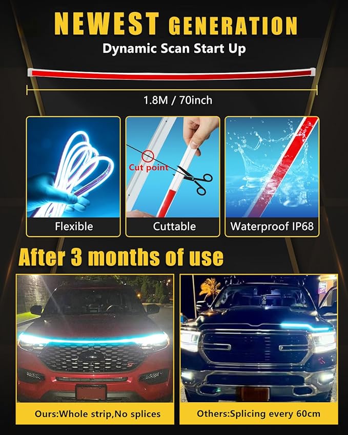Dynamic Scan Start Up Hood Light Strip Sequential Flowing Turn Signal Lights Flexible Car Led Light Strip Exterior DRL Daytime Running Light,Dual Color Amber Ice Blue Switchback 12V 70inch (1Set)