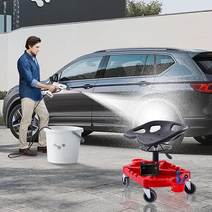 Rolling Garage Stool, 300 LBS Capacity, Adjustable Height, Parts Tray with Bottle Holders, Car Detailing Stool Chair Shop Stool for Car Cleaning Buffer Polisher Ceramic Coating
