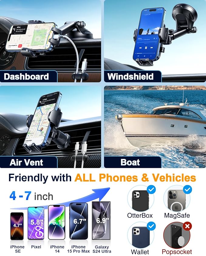 YRU True Military-Grade [360° Rotation Suction] 2026 Ultimate Car Phone Holder Mount 【90+LBS Safest Strongest & Patent Certs】 Dashboard Windshield Vent for iPhone 17 16 Pro Max Samsung, Pale Pink