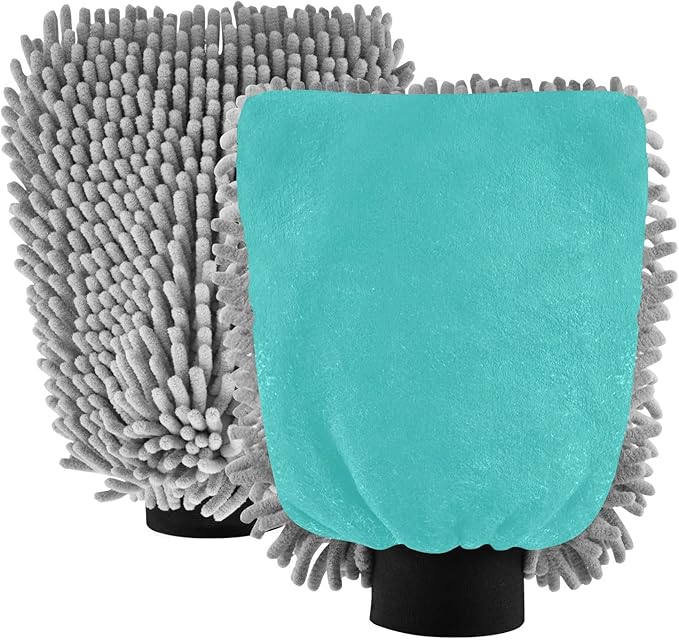 2 Pack Premium Microfiber Chenille Car Washing Mitt, Dual Sided Wash Gloves, No Scratch, Lint Free Washing and Detailing for Car Washing and Detailing (Teal Colored)