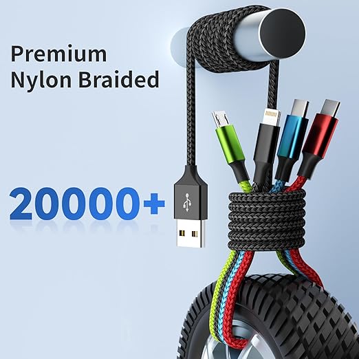 Dual Type-C 4 in 1 Multi Charging Cable [1Pack 5FT], Nylon 4 in 1 Charging Cable, Multi Chargers for All Devices with IP/Type C/Micro Port, Compatible with Most Cell Phones/Tablets and More