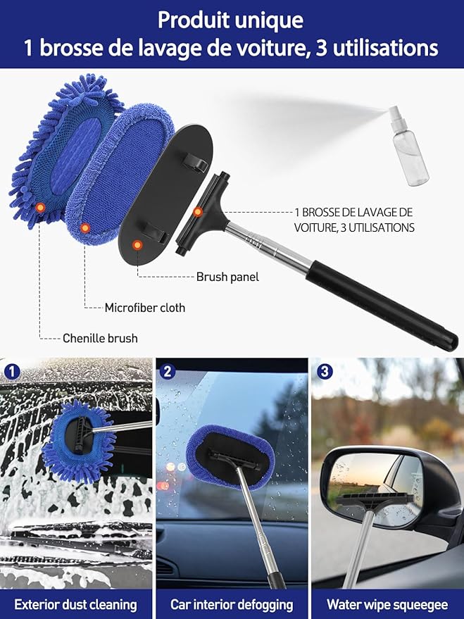 3 in 1 Car Windshield Cleaner Tool 40”Car Rearview Mirror Wiper Squeegee Wash Brush Extra Large Washable Microfiber Pad Extendable Handle Auto Window Glass Cleaning Kit Interior Exterior Dusting