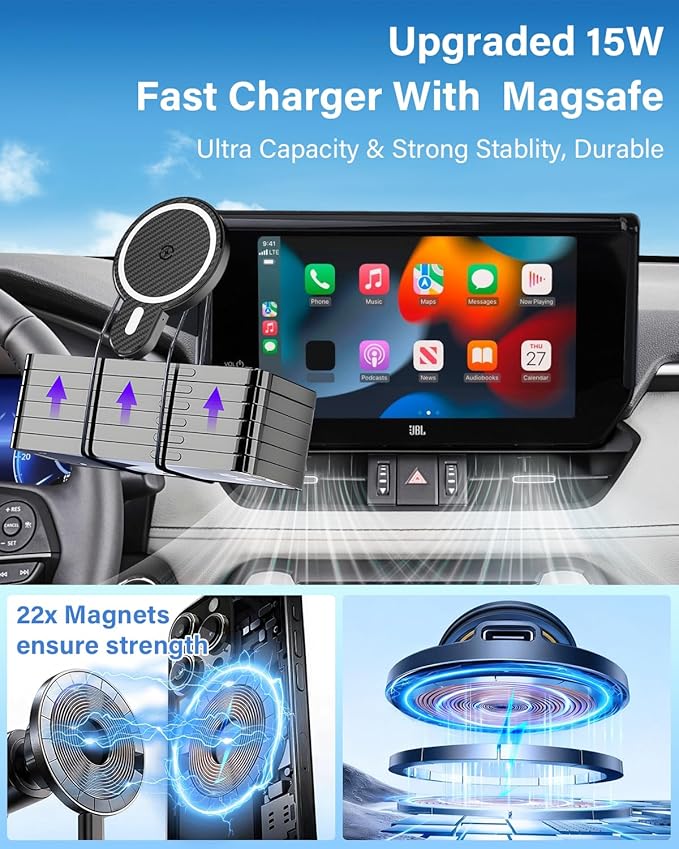 PZK Car Phone Holder for Hyundai Elantra 2021-2025 2026 SE/SEL/Sport/Limited/N Line Accessories 8-Inch/10.25-Inch Screen Magnetic 15W Fast Wireless Charger Car Phone Mount Not Affect Air Vent
