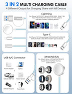 Travel Essentials for Apple Watch Charger,iPhone Charger,3 in 2 Type C/L/Magnetic Fast Charging Cable,Multi Charging Cable Portable Designed for iWatch Series,iPhone 17-11,Galaxy S26-S21,Car-4FT