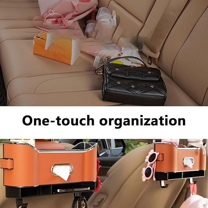 Multifunctional Car Seat Back Storage Box, Multifunctional Car Logo Seat Back Storage Box, Universal back seat car organizer, Car Tissue Organizer Back Seat with 2 Drink Cup Holder (Orange)