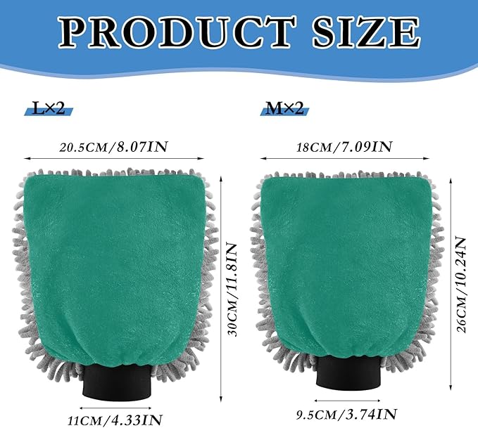 Qilmy Lake Green Microfiber Chenille Car Wash Sponge Scratch Free Car Wash Mitt Absorbent Mitt Sponge for Trucks SUVs Car Washing Home Cleaning, Medium
