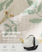 Blissful Diary Baby Car Seat Cover, Extra Large Mesh Window, Breathable Muslin Cotton, Infant Windproof Canopy, Must-Have Baby Gift - Botanical Leaf