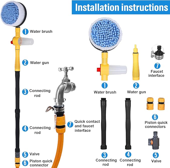 Toolly Car Wash Brush Cleaning Kit, 360° Spin Car Mop, Microfiber Rotating Car Cleaning Brush, Detachable & Extendable Scrub Brush, Garden Hose Spray Nozzle Spray Gun for Cars, Yards, Garden, Pets
