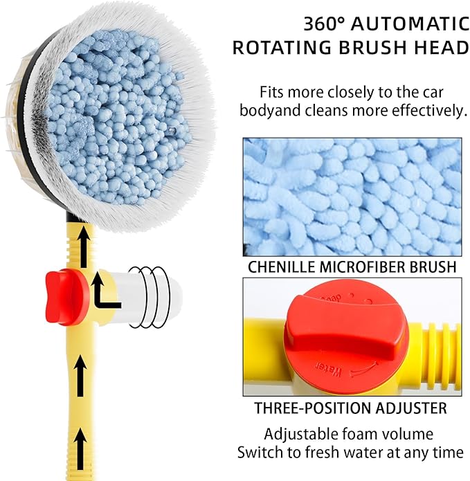 Car Wash Brush with Long Handle,Auto Rotating Car Wash Brush Cleaning Kit 360° Spin Car Mop with Pressure Washer Gun and Hose Nozzle for Cars RV Truck Yards Gardens etc