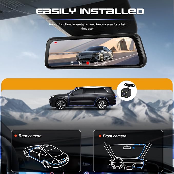 CAMECHO Mirror Dash Cam, 9.66" 1080P FHD IPS Touch Screen Rear View Mirror Camera, Front and Backup Camera for Cars, Dashcam Night Vision, Loop Recording, Wide Angle, Parking Assistance