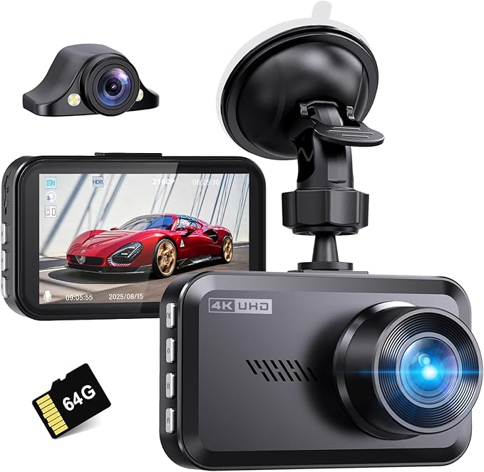 Miden 4K+4K Dash Cam Front and Rear,Free 64G SD Card,2160P+2160P UHD Dual Dash Camera for Cars,176°+160°Wide Angle,3.5'' IPS Screen Dashcam,Loop Recording,G-Sensor,WDR,Night Vision,24H Parking Monitor