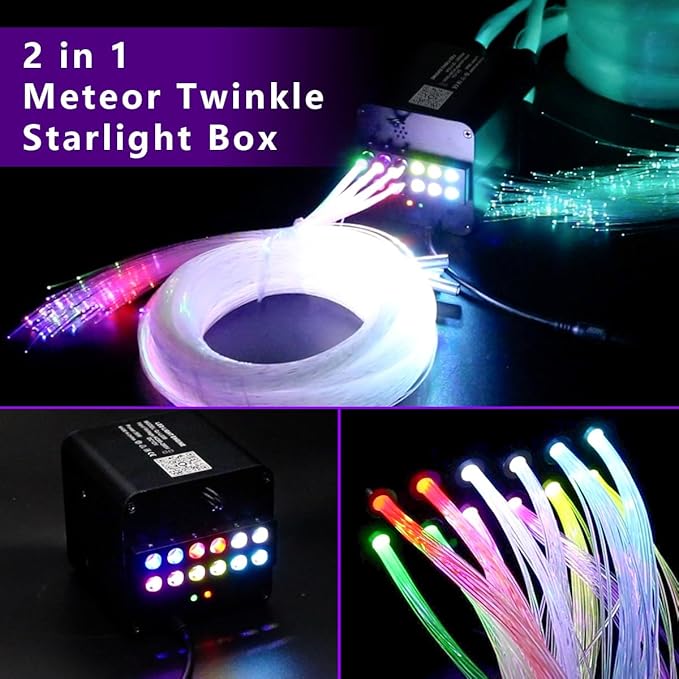 AZIMOM 4Colors 2 in 1 Meteor Twinkle Fiber Optic Starlight Headliner Kits 1200pcs 0.03in 13.1ft Fiber Strands,RGB Meteor Shooting Star 240pcs, Sound Remote APP Control Home Ceiling Car Headliner Decor