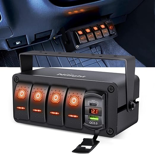 Nilight 4 Gang Rocker Switch Box 12V SPST ON Off Toggle Switches PD Type C and QC 3.0 USB Sockcet Voltmeter Orange LED Light Waterproof Aluminum Mount Bracket Panel DIY Stickers for Boat Car RV Truck