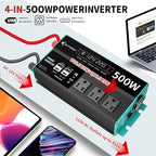 500W Power Inverters Peak 1000W 12V DC to 110V AC Converter for Vehicles USB-C/PD 25W Fast Charging Ports Car Charger Adapter with a Cigarette Lighter Ports Plug Outlet