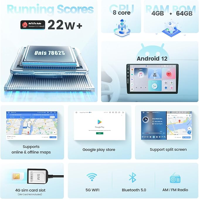 Roadanvi X12 Head Unit for Toyota Tacoma 2016-2022 with Wireless Apple Carplay & Android Auto, 10.2" Touch Screen Car Stereo, GPS Radio, 4G RAM+64G ROM, Bluetooth 5.0, 5G WiFi, 4G LTE