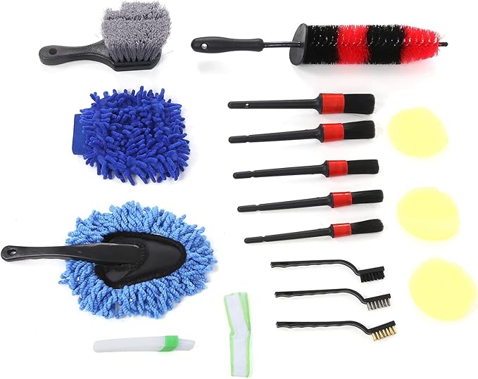 17Pcs Detailing Brush Set, Wheel Scrub Cleaning Tool Kit for Car Truck, Includes Long Wheel Rim Brush, 5 Detail Brushes, Steel Wire Brushes, Car Wash Glove, Vent Brush, Perfect for